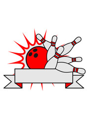banner text feld schreiben name leere fläche bowling pins umwerfen strike treffer sport verein team crew punkte spaß kugel bahn