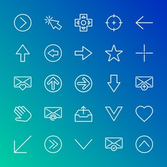 Modern Simple Set of arrows, cursors, email Vector outline Icons. Contains such Icons as  diagonal, arrow,  rating,  love,  right, right and more on gradient background. Fully Editable. Pixel Perfect.
