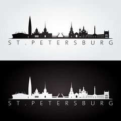 St. Petersburg skyline and landmarks silhouette, black and white design, vector illustration. - obrazy, fototapety, plakaty