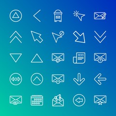 Modern Simple Set of arrows, cursors, email Vector outline Icons. Contains such Icons as mail,  next,  mail,  scroll,  previous,  red and more on gradient background. Fully Editable. Pixel Perfect.