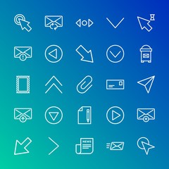 Modern Simple Set of arrows, cursors, email Vector outline Icons. Contains such Icons as newspaper,  up,  email,  circle,  add, right and more on gradient background. Fully Editable. Pixel Perfect.