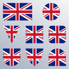UK flag icon set. British flag in different shapes. Great Britain button collection. Vector illustration.