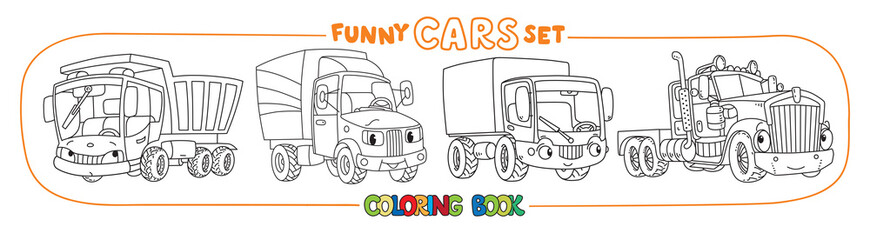 Funny cars or trucks with eyes. Coloring book set