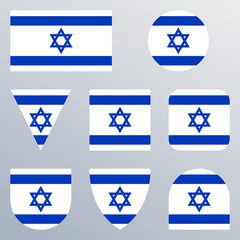 Israel flag icon set. Israeli flag button or badge in different shapes. Vector illustration.