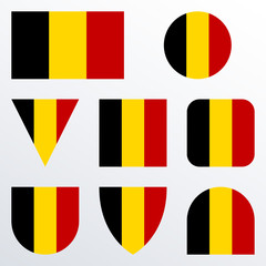 Belgium flag icon set. Belgian flag button or badge in different shapes. Vector illustration.