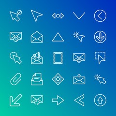 Modern Simple Set of arrows, cursors, email Vector outline Icons. Contains such Icons as  paper,  cursor,  scroll,  right, open,  circle and more on gradient background. Fully Editable. Pixel Perfect.