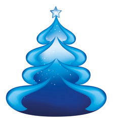 Isolated blue Christmas vector tree with stars in the background and a star on top