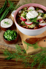Okroshka with kvass topped with sour cream in a tureen. Traditional meal of the Russian cuisine