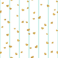 Gold heart seamless pattern. Blue-white geometric stripes, golden confetti-hearts. Symbol of love, Valentine day holiday. Design wallpaper, background, fabric texture. Vector illustration