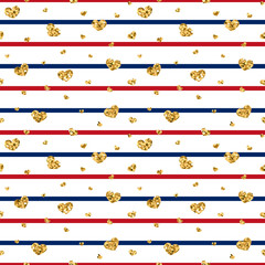 Gold heart seamless pattern. Red-blue-white geometric stripes, golden confetti-hearts. Symbol of love, Valentine day holiday. Design wallpaper, background, fabric texture. Vector illustration