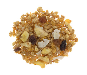 Top view of a portion of fruit mix granola on a white background.