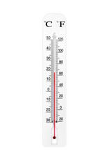 Atmospheric plastic meteorology thermometer isolated on white background. Air temperature plus 18 degrees celsius