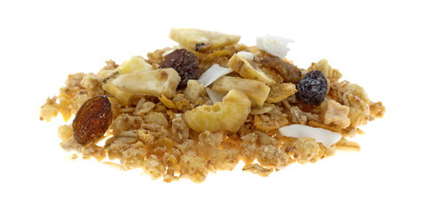 A small portion of fruit mix granola on a white background.