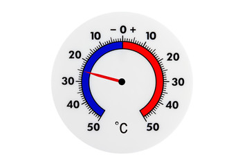 Atmospheric plastic meteorology thermometer isolated on white background. Air temperature minus 25 degrees celsius