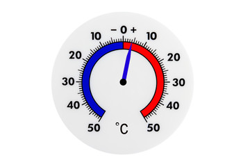 Atmospheric plastic meteorology thermometer isolated on white background. Air temperature plus 4 degrees celsius