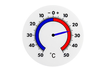 Atmospheric plastic meteorology thermometer isolated on white background. Air temperature plus 25 degrees celsius
