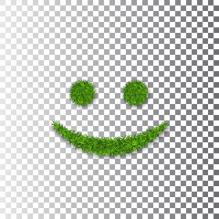 Green grass smile 3D. Smiley grassy icon Isolated white transparent background. Ecology concept. Happy smiling sign. Symbol eco lawn, nature, safe environment, healthy, spring. Vector illustration