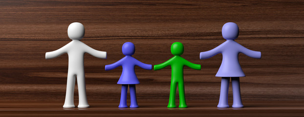 Colorful human figures holding hands isolated on wooden background. 3d illustration