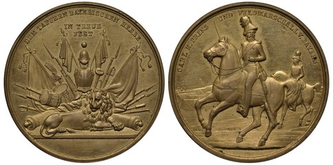 Germany German commemorative medal 19th century, courage of Bavarian troops, lion, cannons, flags, rifles, drums, saber, Prince Carl on horse, 