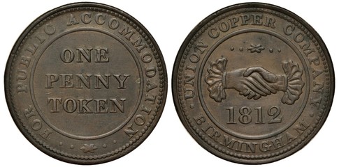 Great Britain British coin one penny 1812, token, emergency private issue, Union Copper Company, payable in Birmingham, hands, handshake, 