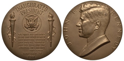 United States of America John F. Kennedy inauguration medal, citation from inauguration speech flanked by torches, eagle in circle of stars above, John F. Kennedy bust left, - obrazy, fototapety, plakaty