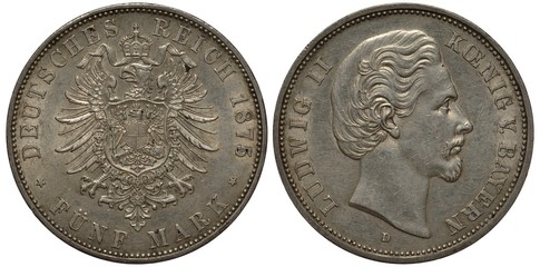 Germany German coin five mark 1875, Land Bavaria, imperial eagle of old type with collar of the...