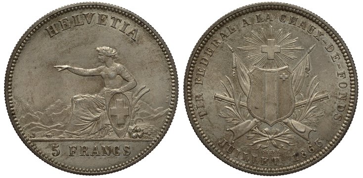 Switzerland Swiss coin five franc 1863, sitting allegorical female holding shield, mountains behind, striped shield, crossed rifles and flags behind, shooting festival in Chaux-de-Fonds, silver, 