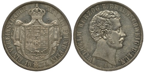 Germany German Brunswig-Luneburg coin 1 one thaler 1871, shield in front of mantle, crown above, Duke Wilhelm head right, silver,