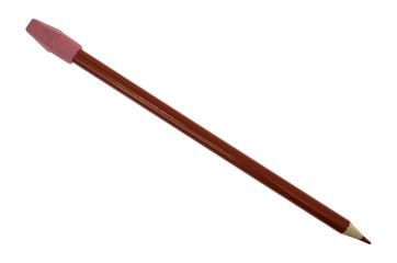 Red artist pencil with eraser cap on a white background.
