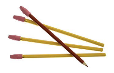 Yellow and a single red artist pencil with eraser caps isolated on a white background.