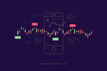 Mobile stock market investment trading. Financial analytics. Mobile stock trading concept, business and investment, market analysis. Candlestick Chart on smartphone screen. Vector flat illustration.