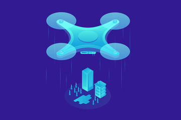 Image of drone flying over city on blue background. Modern technologies of delivery, entertainment, photo and video. 3d isometric flat design. Vector illustration.