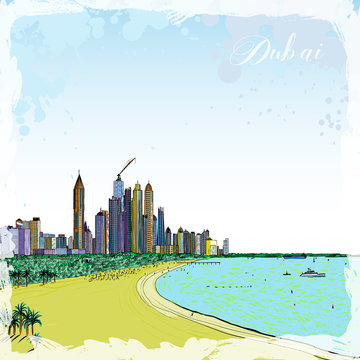 Watercolor sketch of monorail ride view from window at The Palm Jumeirah skyscrapers at Dubai Marina. Media City and beach coast with luxury yachts and sand beaches at United Arab Emirates. Vector.