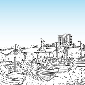 Old traditional boats on the Bay Creek in Dubai, United Arab Emirates, UAE. Hand drawn sketch. Piers of traditional water taxi in Deira area. Famous tourist destination. Vector.