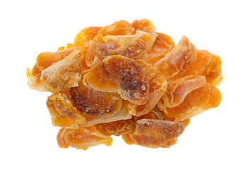 Top view of a portion of dried mandarin orange slices on a white background.