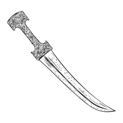 Black work tattoo art hand drawn engraving style medieval knife, dagger for flesh body art. Vintage sketch edged antique weapon. Vector.