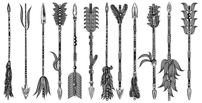 Rustic arrow set. Ethnic tribal theme set of Indian American  arrows. Collection of hand drawn Boho chic fashion design elements for flesh body art tattoo. Vector.