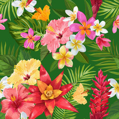 Watercolor Tropical Flowers Seamless Pattern. Floral Hand Drawn Background. Exotic Blooming Plumeria Flowers Design for Fabric, Textile, Wallpaper. Vector illustration