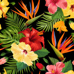 Watercolor Tropical Flowers Seamless Pattern. Floral Hand Drawn Background. Exotic Blooming Hibiskus Flowers Design for Fabric, Textile, Wallpaper. Vector illustration © wooster