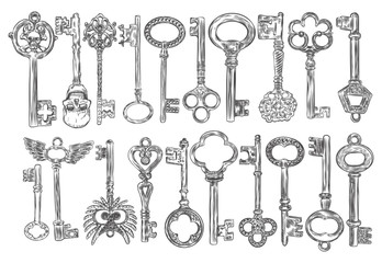 Set of hand drawn antique keys. Sketch style of vintage key on white background. Old design illustration. Vector.