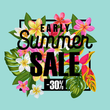 Summer Sale Tropical Banner. Seasonal Promotion with Plumeria Flowers and Palm Leaves. Floral Discount Template Design for Poster, Flyer, Gift Certificate. Vector illustration