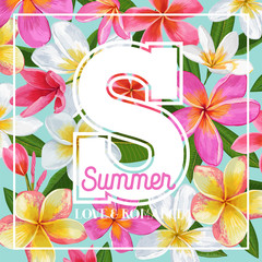 Summertime Floral Poster. Tropical Pink Plumeria Flowers Design for Banner, Flyer, Brochure, Fabric Print. Hello Summer Watercolor Background. Vector illustration
