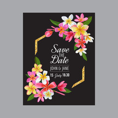 Wedding Invitation Template with Pink Plumeria Flowers. Tropical Floral Save the Date Card. Exotic Flower Romantic Design for Greeting Postcard, Birthday, Anniversary. Vector illustration