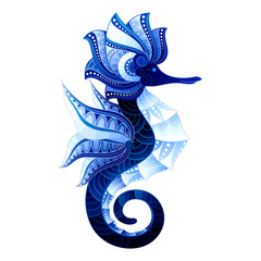Vector Tribal Decorative Seahorse. Isolated Illustration On White Background. Detailed Contour © olenakryvoruchko
