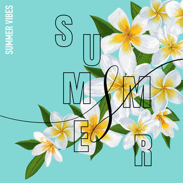 Summertime Floral Poster. Tropical Plumeria Flowers Design for Banner, Flyer, Brochure, Fabric Print. Hello Summer Watercolor Background. Vector illustration