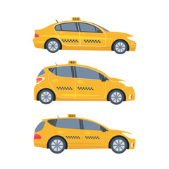 Different types of  machine yellow cab isolated on white background.