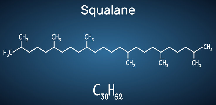 Squalane molecule. It is used in cosmetics as emollient and moisturizer Structural chemical formula and molecule model on the dark blue background