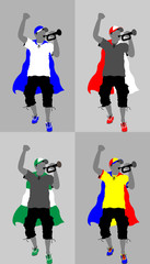 Sport supporter silhouette with bugle and cloak flag