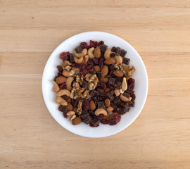 Top view of chocolate and nut mixture on a plate atop a wood table.