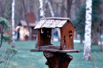 Autumn landscape, rainy background, a house for birds in the park, raindrops windy weather